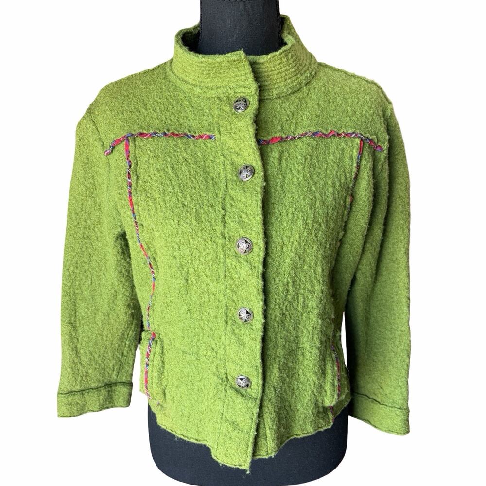 Coldwater Creek Wool Blend Jacket Womens L Green Plaid Trim Button Cottagecore
